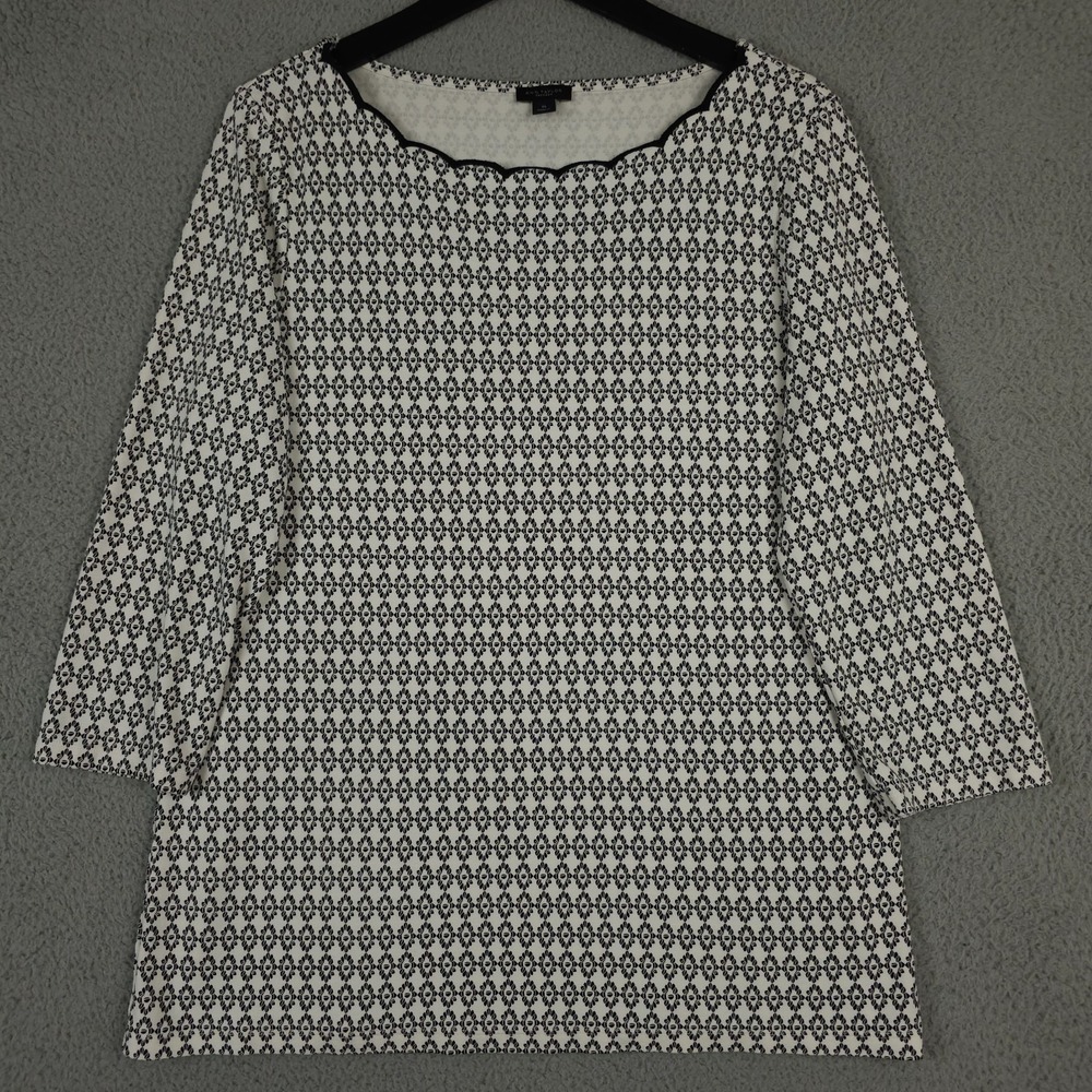 Ann Taylor Shirt Womens XL Black White Geo Print Scalloped Neck 3/4 Sleeve Top